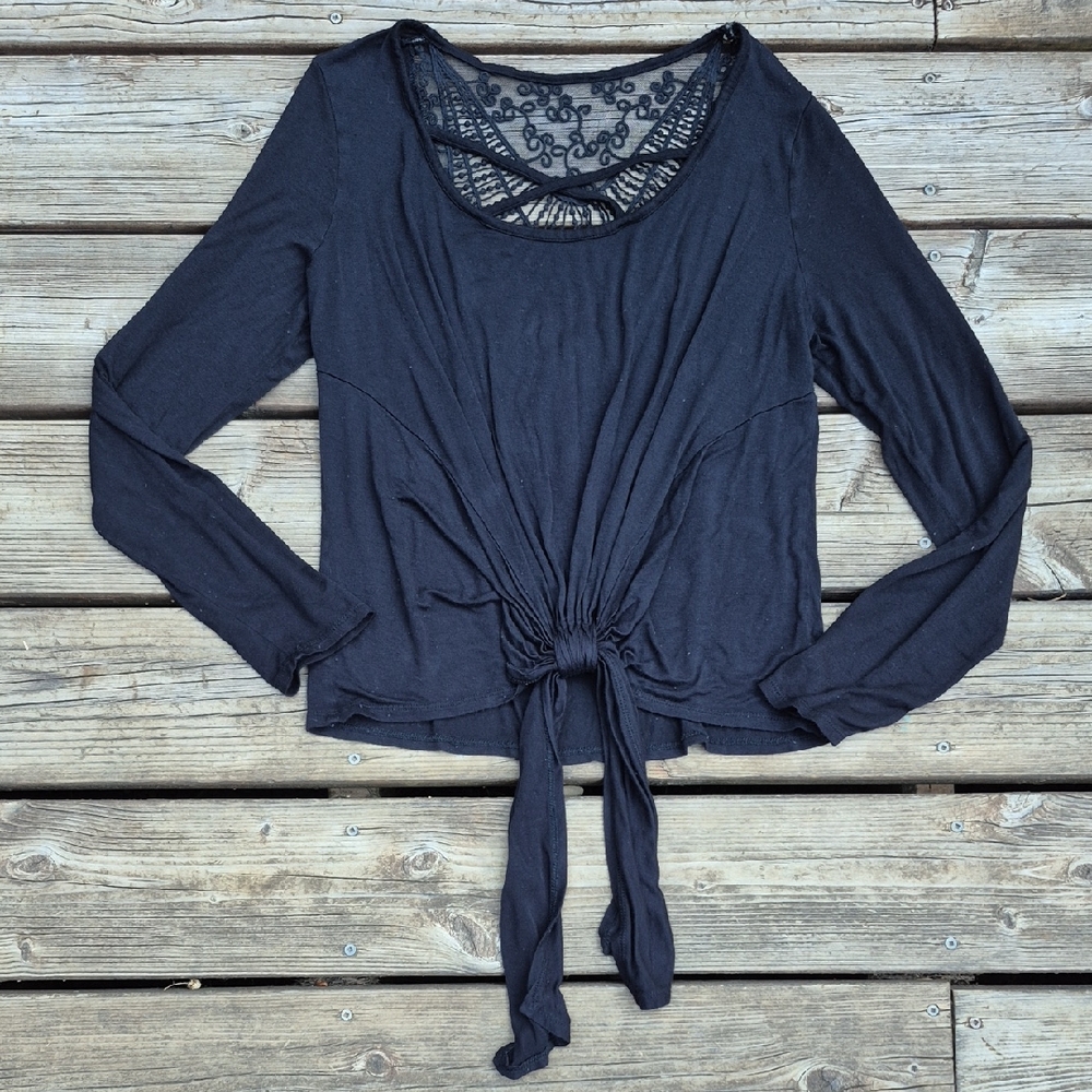 Black Long Sleeve Lace Back With Front Tie